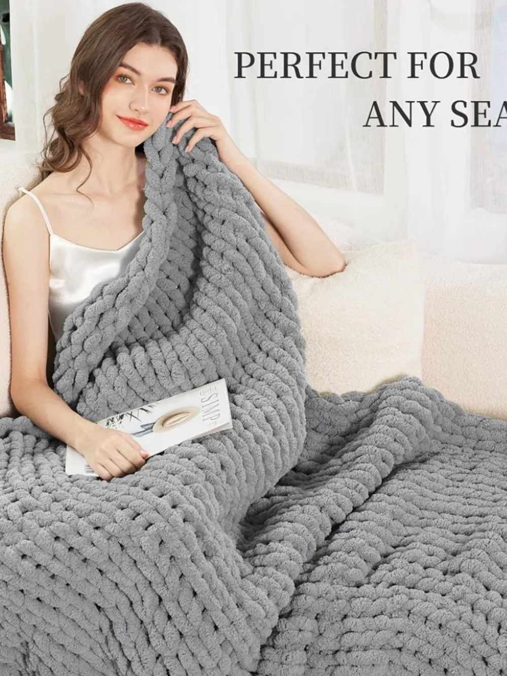 Cozy Chunky Knit Throw Blanket in Grey - Plush Comfort 51x63